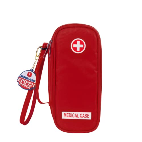 Jayour EpiPen Medical Carrying Case Insulated, Travel Medication Organizer Bag Emergency Medical Pouch, Fits 2 EpiPens, Asthma Inhaler, Anti-Histamine, Auvi-Q, Allergy Medicine Essentials, Red - color: Red