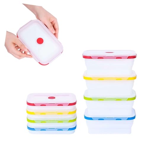ECOBERI Collapsible Food Storage Containers, Silicone 4 Piece 27 oz Set, BPA-Free Meal Prep Containers with Airtight Lids, Space-Saving, Freezer and Dishwasher Safe - color: Assorted Colors 27oz-4pc
