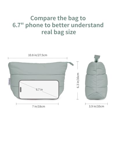 Narwey Travel Makeup Bag for Women Girl, Puffer Makeup Up Organizer Bag Cosmetic Bag, Puffy Cute Makeup Pouch Purse, Travel Toiletry Bag (Sage Green) - color: Green
