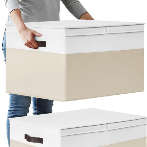 2 Pack EXTRA LARGE Blanket Storage Baskets with Lids, 22”x16”x12” Closet Organizers Bins for Clothes Towel/ Toy Storage Box with Lid Handles/ Stackable Decorative Fabric Bins for Living Room, Nursery - color: White with Beige