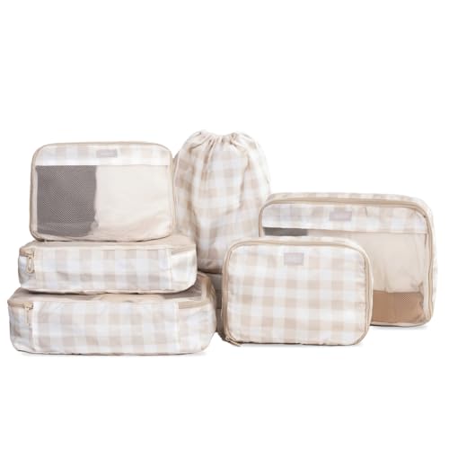 Jadyn Packing Cubes for Travel, 6-Piece Large Packing Cube Organizer Set for Suitcase, Duffel Bag, Luggage, Multiple Sizes Travel Essentials (Beige Gingham) - color: Beige Gingham