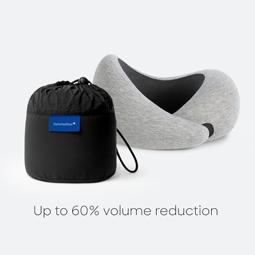 Ostrichpillow Go Neck Pillow, Travel Pillows for Airplanes, Premium Memory Foam Travel Pillow, 360º Ergonomic Design, Asymmetrical Sides, Travel Bag Included, Washable Modal Cover - color: Midnight Gray
