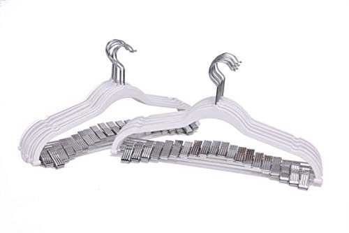 Quality Plastic Non Velvet Non-Flocked Thin Compact Coat Hangers with Metal Clips for Skirts Pants Blouses 360° Swivel Hook (White, 20) - color: White