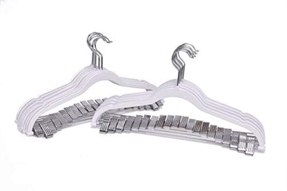 Quality Plastic Non Velvet Non-Flocked Thin Compact Coat Hangers with Metal Clips for Skirts Pants Blouses 360° Swivel Hook (White, 20) - color: White