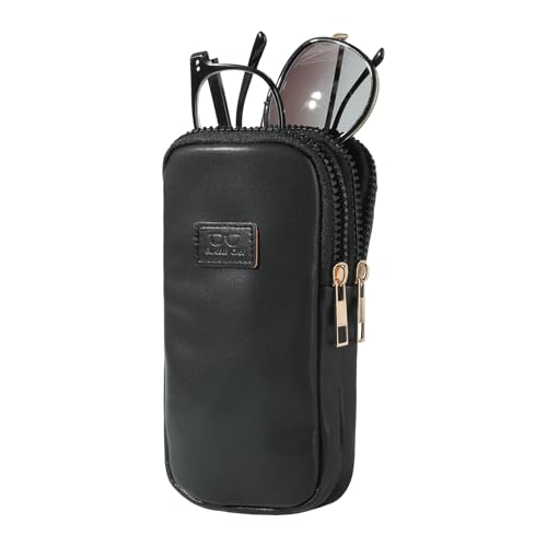 KINIVA Double Eyeglass Case for Men Women, 2-in-1 PU Dual Sunglasses Case, Scratch-Proof Travel Eyeglass Holder for Purse Car - style: Black Smooth