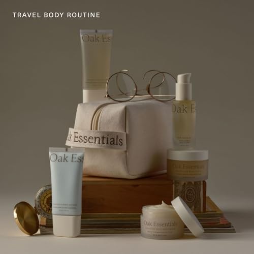 Oak Essentials Travel Body Routine, 5-Piece Body Care Set: Wash, Scrub, Lotion, Oil and Balm, Linen Bag Included, Gift Set for Women, TSA-Friendly Travel Sizes