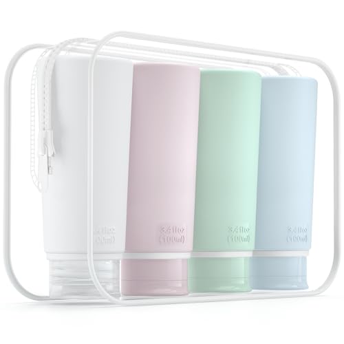 Valourgo Travel Bottles for Toiletries Tsa Approved Travel Size Containers BPA Free Leak Proof Travel Tubes Refillable Liquid Travel Accessories for Cosmetic Shampoo and Lotion Soap for travel, 4Pcs - color: Pink, White, Blue, Green