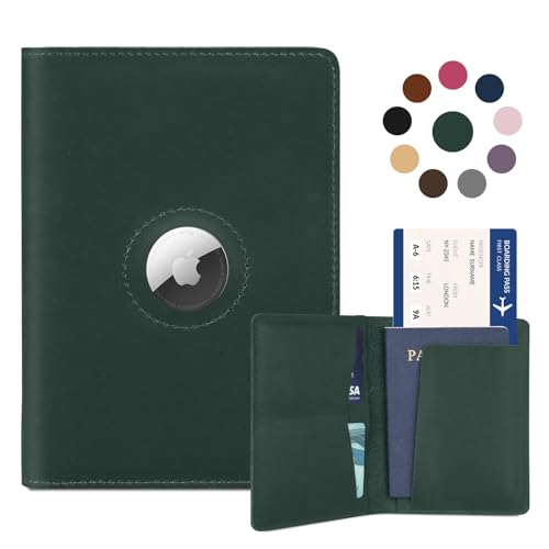 Airtag Passport Holder for Men Women Travel, Real Leather Passport Wallet, Handmade Passport Cover Case with Airtag Slot, Travel Must Haves Essentials Accessories Birthday Gifts (Crazy Horse, Green) - color: Green