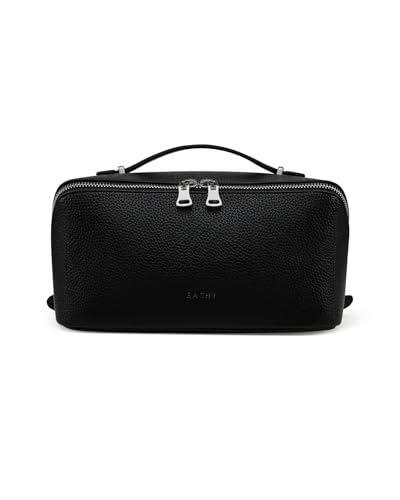 EACHY Travel Makeup Bag, Lychee Leather Large Capacity Cosmetic Bag for Women, Open Flat Toiletry Bag with TPU Brush Compartment, Waterproof Skincare Organizer Travel Essentials - color: AC-Black, size: Medium
