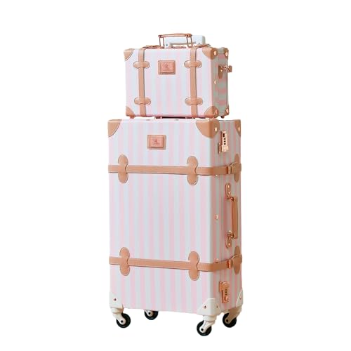 UNIWALKER Vintage Suitcase Set for Women, 2 Piece Retro Spinner Trunk Luggage with Cosmetic Handbag, 24"+12", Pink Strip - color: pink strip, size: 24in+12in