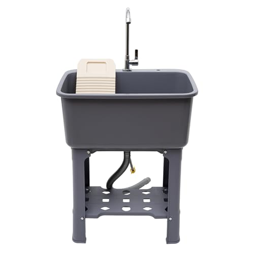 Laundry Sink, Freestanding Plastic Laundry Sink With Washboard Utility Sink Laundry Tub Indoor and Outdoor Utility Sink with Faucet Hoses Drain Kit for Laundry Room Washing Room Garden Garage - color: 23.62*15.75*30.12in -Gray