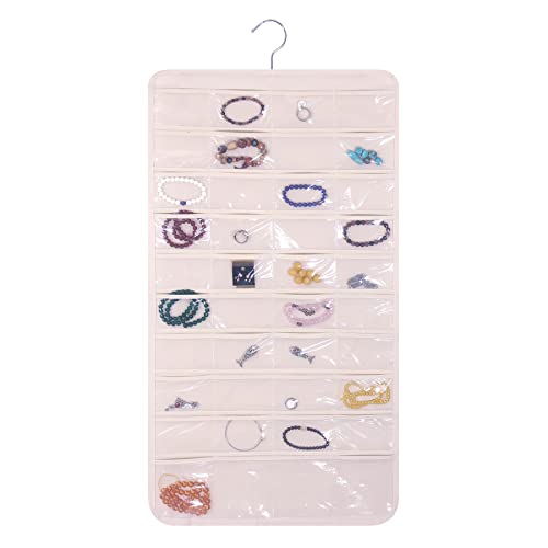 DIOMMELL 80 Pockets Hanging Jewelry Organizer for women, Storage Bag for Earrings Necklace Bracelet Ring accessory display holder, Beige - color: Beige