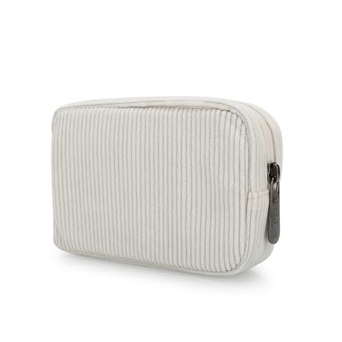 E-Tree Cute Small Makeup Bag,Cosmetic Toiletry Make up Little Items Pouch for Purse,Zipper Mini Tech Charger Cable Electronic Organizer Case,Travel Accessories for Women Men Teen,White Corduroy - color: Corduroy, style: Travel Makeup Bag