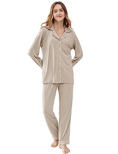 Cherrydew Women Bamboo Viscose Pajama Sets Super Soft Comfy Breathable Cooling Sleepwear Long Sleeve Button Down Loungewear - color: Cream, size: Large