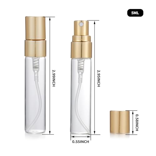 20Pcs 5ml Empty Clear Glass Mist Spray Bottle Refillable Mini Perfume Atomizer Travel Sample Bottle with Golden Aluminized Nozzle Makeup Container for Perfume (5ml Gold Caps) - color: 5ml Gold Caps