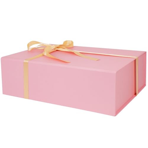 Large Pink Gift Box with Ribbon, 13.8" x 9" x 4.3" Groomsmen Proposal Box for Presents with Magnetic Closure Lids, Rectangle Collapsible Luxury Storage Box for Anniversary Wedding Birthday, 1 Pack - size: 1 Count (Pack of 1)