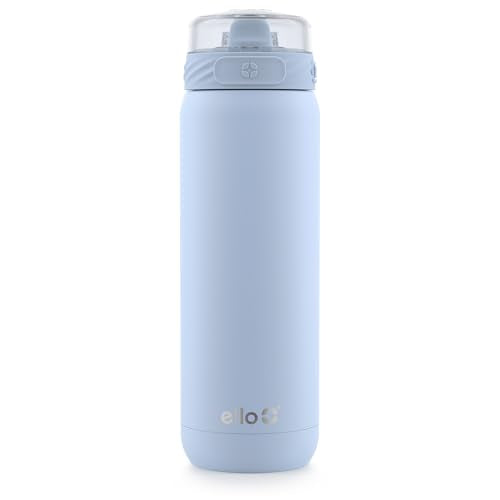 Ello Cooper 18oz Kids Stainless Steel Water Bottle with Straw and Carry Handle, Double Walled and Vacuum Insulated Metal, Leak Proof Locking Lid with Soft Silicone Spout, BPA Free, Halogen Blue - color: Halogen Blue, size: 18 Ounces