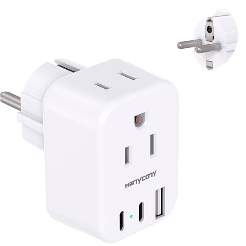 HANYCONY Type E F Plug Adapter, Germany France Travel Plug Adapter with 2 Outlets 3 USB Ports(2 USB C)，Schuko Plug Power Adaptor for US to Europe EU Spain Iceland Korea Greece German French - style: Type E/F - Germany France