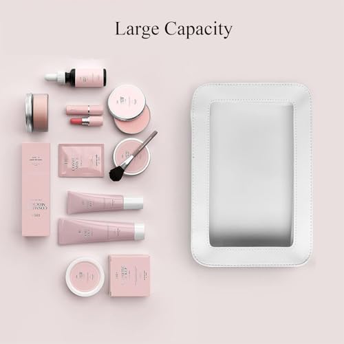Clear and Waterproof Makeup Bag Portable Travel Cosmetic Case Organizer for Women Toiletry Pouch with Transparent Vinyl Windows & Zippers (White) - color: White