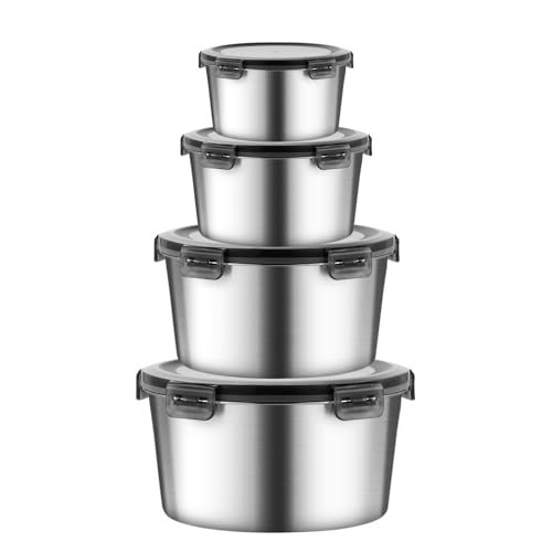 316L Stainless Steel Food Storage Containers with Lids, 11.5oz/20oz 34oz/71oz Airtight Metal Meal Prep Containers,Bento Lunch Box for Kitchen, Picnic & Camping（340 ml/600 ml/1000 ml/2100 ml）
