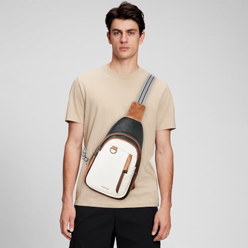 LATMAP 7L Sling Bag for Women Men Leather Small Sling Backpack Daypack Anti Theft Fanny Pack Crossbody Purse Travel - color: Regular Size-black and Brown With Beige