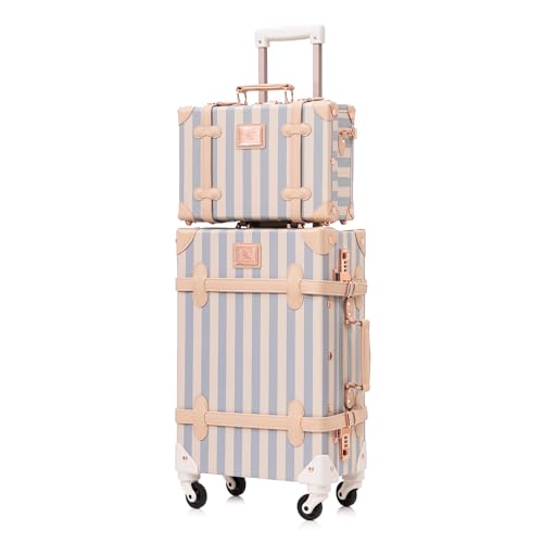UNIWALKER Vintage Carry on Luggage Set, 2 Piece Retro Spinner Trunk Suitcase with Cosmetic Train Case for Women, 20"+12", Blue Strip - color: blue strip, size: 20in+12in