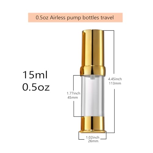 Gold 15ML 0.5 oz Airless pump bottle Toiletries Travel Size containers airport essentials Dispenser with Box Reusable mini lotion plastic travel bottles 4 Packs - size: 15 ML