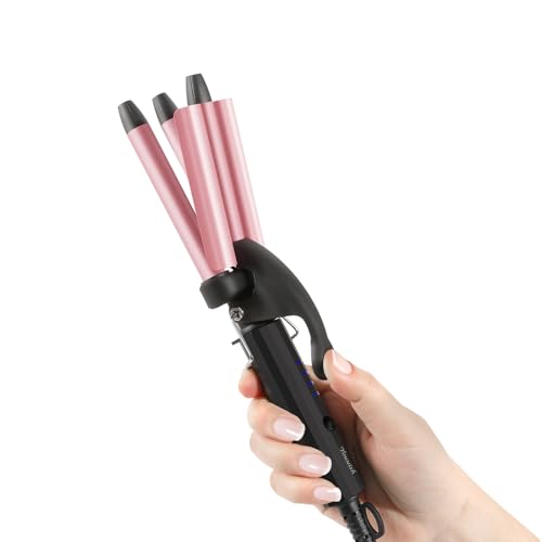 Mini Hair Crimper 4 Temperature Adjustable, 1/2 Inch Small 3 Barrel Curling Iron Hair Waver Dual Voltage Travel Size, Tiny Crimper Hair Tool Create Natural Tight Beachy Waves (Rose Pink) - color: Rose Gold
