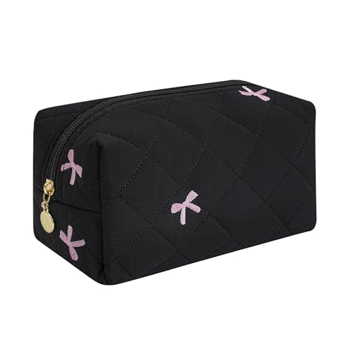Gleyemor Small Quilted Makeup Bag for Women, Cute Floral Bow Cosmetic Bag, Emergency Bag Travel Toiletry Cotton Pouch Gifts for Girls Her Mom Friend Sister Bridesmaid (Black&Pink Bow) - color: Black&Pink Bow