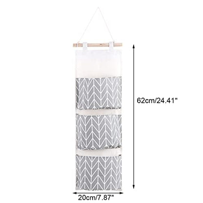 Wall Hanging Storage Bag, 3 Pockets Over The Door Closet Organizer, Cotton Linen Closet Organizer Door Pouch Bedroom Home Office Organizer (Gray)