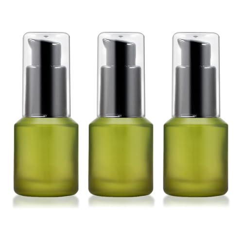 3PCS 15ML/0.5OZ Empty Green Frosted Glass Bottles with Pump Refillable Vial Cosmetic Dispenser Jars Storage Travel Lotion Container Portable Sample Bottle for Toiletries,Foundation,Cream,Gel,Lotion - color: Green, size: 0.5 OZ