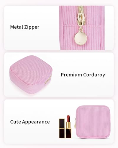 Wandering Nature Small Makeup Bag for Purse Mini Make up Pouch Cute Cosmetic Pouch for Women with Slip-in Pockets Corduroy, Pink - color: Corduroy Pink