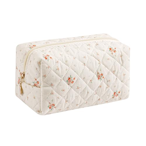Gleyemor Small Quilted Makeup Bag for Women, Cute Floral Bow Cosmetic Bag, Emergency Bag Travel Toiletry Cotton Pouch Gifts for Girls Her Mom Friend Sister Bridesmaid (White Floral) - color: White Floral
