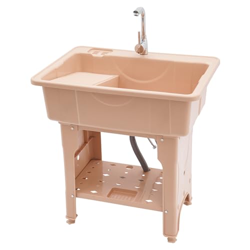 Laundry Sink, Freestanding Plastic Laundry Sink With Washboard Utility Sink Laundry Tub Indoor and Outdoor Utility Sink with Faucet Hoses Drain Kit for Laundry Room Washing Room Garden Garage - color: 31.5*22.05*33.46in -Coffee