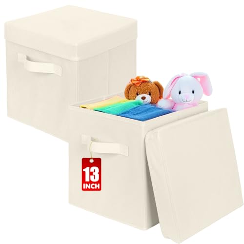 ShellKingdom Storage Bins, Foldable Fabric Storage Cubes with Lid, Clothes Storage Organizer Drawer For Closet Toys Storage, 13 X 13 X 13 INCH, 2 Pack (Beige) - color: Beige, size: 13 inch (2 Pack)