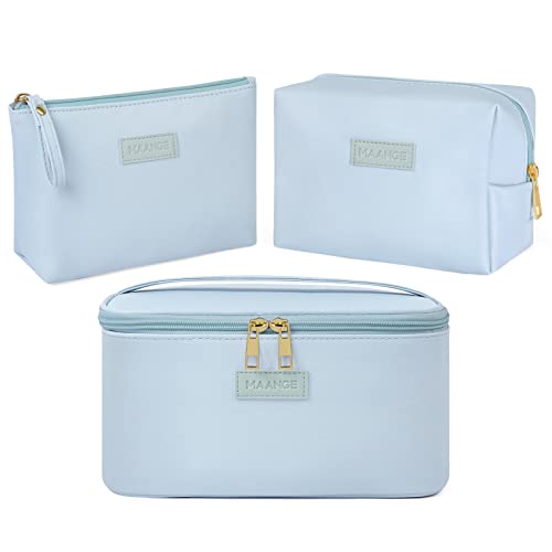MAANGE Makeup Bag Large Cosmetic Bag with 2pcs Small Makeup Bags Portable Leather Travel Makeup Bag Set Toiletry Bag Make Up Bags for Women and Girls (Blue) - color: Blue