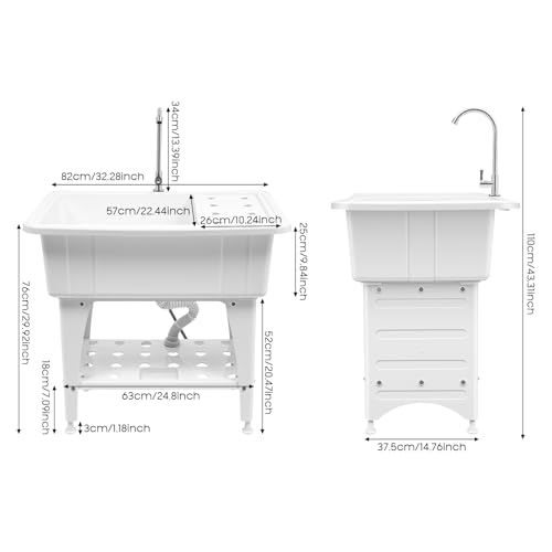 Freestanding Plastic Laundry Sink, Utility Sink Laundry Tub with Faucet, Indoor and Outdoor Utility Sink Hoses and Drain Kit, Slop Sink Wash Station for Garage/Basement/Garden - color: White, 32.3 x 22.4 x 29.9in