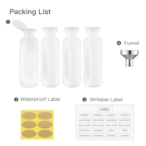 Empty Shampoo Bottles 6.7oz - Large Size Refillable Plastic Liquids Toiletry Containers - Empty Leak Proof Lotion Toiletries Dispenser - Clear Flip Cap Top Body Wash and Cosmetic Set 4 Pack - color: Clear