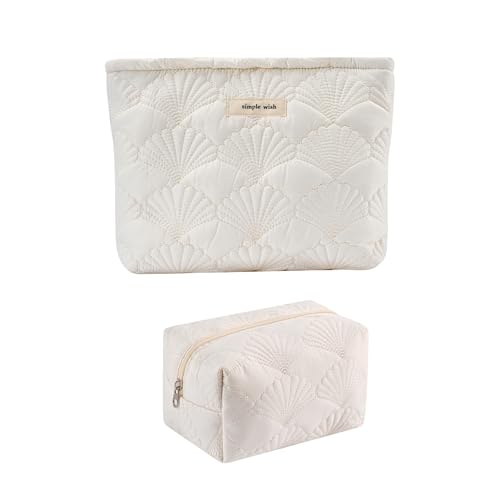 RSRSLEII 2Pcs Quilted Cotton Coquette Makeup bag, Coastal Granddaughter Aesthetic Cosmetic Bag, Cute Seashell Portable Travel Toiletry Pouch (2Pcs White) - color: 2Pcs White