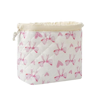 uekeboag Cotton Quilted Drawstring Makeup Bag with Canvas Lining,Coquette Aesthetic Cute Travel Toiletry Bag,Drawstring Gift Bag for Women and Girls（14Heart Bow） - color: 14Heart Bow