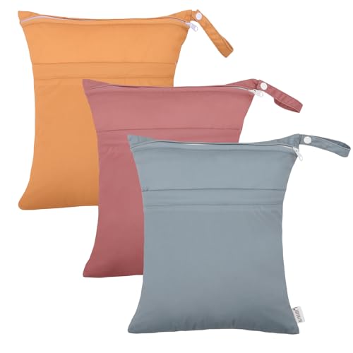 ALVA ALVABABY 3pcs Cloth Diaper Wet Dry Bags Waterproof Reusable with Two Zippered Pockets Travel Beach Pool Daycare Soiled Baby Items Yoga Gym Bag for Swimsuits or Wet Clothes 3L-ZM11 - color: Orange light brown light green