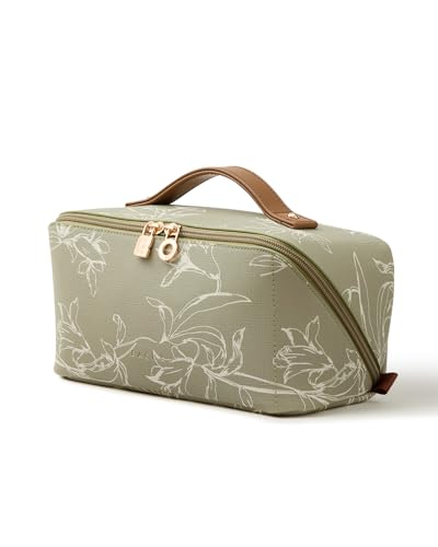 EACHY Travel Makeup Bag, Large Capacity Cosmetic Bags for Women, Waterproof Portable Pouch Open Flat Toiletry Bag Pattern Make up Bag (F-Green) - color: AJ-Green, size: Medium