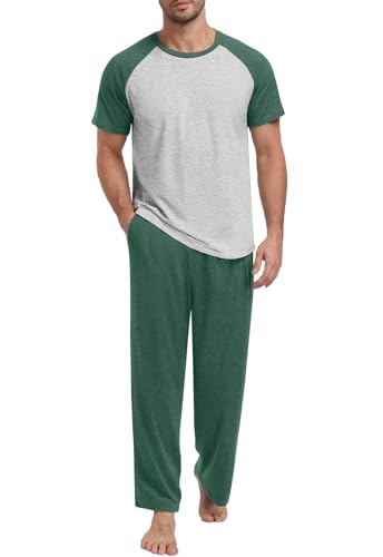 Yincro Mens Pajamas Set Lightweight Loungewear Short Sleeve Top and Pants Soft Sleepwear Pjs Sets - color: Grass Green-light Gray, size: Large