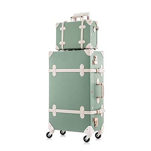 UNIWALKER Vintage Suitcase Set, 2 Piece Designer Trunk Luggage Set with 12inch Cosmetic Train Case for Women, mint green, 24in+12in - color: mint green, size: 24in+12in