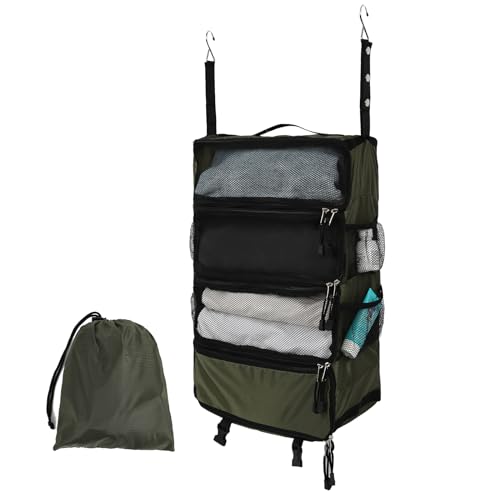 TABITORA Travel Luggage Organizer Hanging Packing Cubes Portable Hanging Shelves Carry on Closet for Suitcase with 2 Hooks,Collapsible(Darkgreen,M) - color: Darkgreen, size: Medium