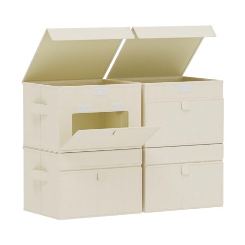 ENUMAIL Convenient Storage Bins for Taking Clothes, Fabric Boxes with Flip Cover, Collapsible Organizer with Handles, Cube Baskets for Home, Bedroom, Closet, 10.2x7.9x6.7in, Beige, 4 Pack - color: Beige, size: 10.2x7.9x6.7 in(4 Pack)
