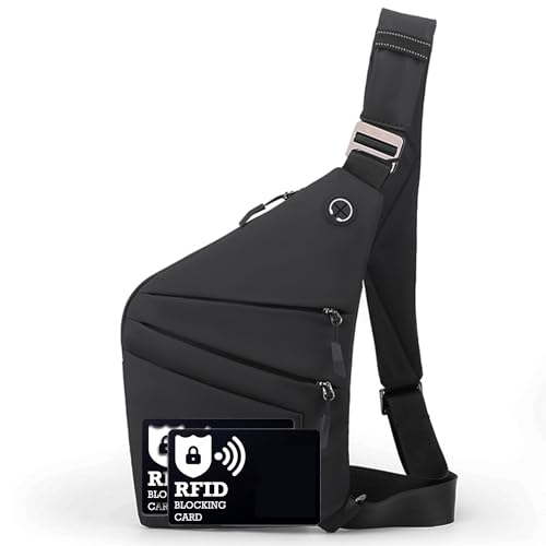 Anti Theft Crossbody Bags for Women Men, Multi-Pocket Shoulder Bag, Slim Sling Bags with 2 RFID Blocking Card - color: Right Shoulder-black