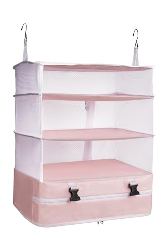 ELEZAY Hanging Packing Cubes Portable Travel Closet Collapsible Compression Clothes Organizer with Built in Shelves for Carry-on Luggage Suitcase Wardrobe X-Large_17.1 * 11.8 * 24.4 IN, Pink - color: Pink, size: X-Large