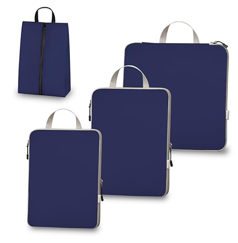 Compression Packing Cubes for Travel, Set of 4 Expandable Luggage Organizers with Shoe Bag, Lightweight Water-Resistant Suitcase Essentials for Carry-on & Checked Luggage, Blue - color: Blue, size: Set of 4