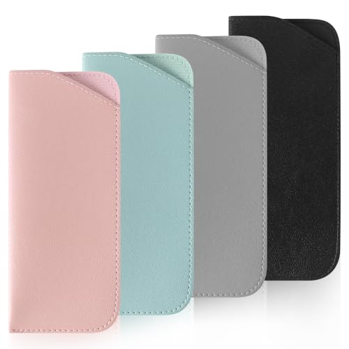4 Packs Soft Eyeglass Cases Portable Pu Leather Glasses Pouch Squeeze Top Sunglass Case for Women Men - color: Pink, Blue, Grey, Black